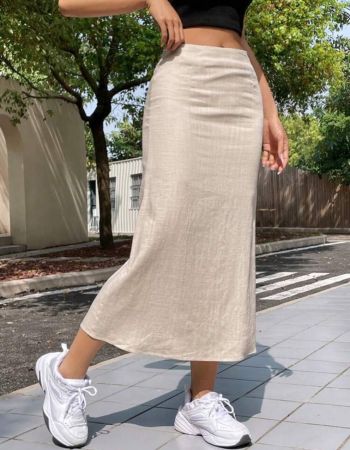 SHEIN EZwear تنورة طويلة خفيفة من الكتان والصيف بجودة عالية