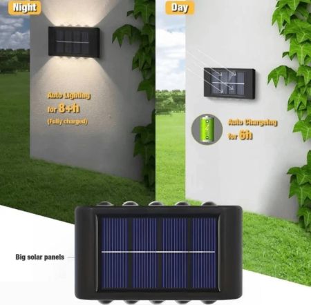 12 مصباح LED يعمل بالطاقة الشمسية للإضاءة العلوية والسفلية، مصباح حائط خارجي مقاوم للماء، مصباح حائط نورديك حديث مع مستشعر لأشعة الشمس، وحدة إضاءة خارجية سوداء مثبتة على الحائط للمنزل والحديقة والشرفة (إضاءة بيضاء، عبوة واحدة) ديكور الخريف ديكور المنزل ديكور خارجي