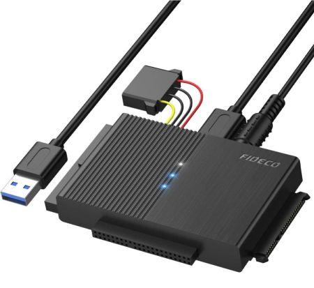 محول أقراص صلبة FIDECO USB 3.0 لمحركات الأقراص الصلبة HDD/SSD مقاس 2.5 بوصة/3.5 بوصة، SATA وIDE، مزود بمصدر طاقة تيار مستمر 12 فولت 2 أمبير.