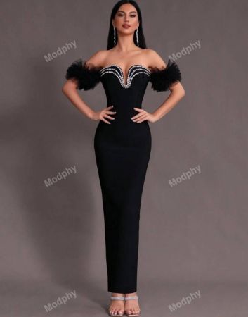 Modphy فستان سهرة فاخر أسود، لامع بالألماس، بياقة على شكل حرف V وأكتاف مكشوفة، مصنوع من الشبك الناعم ذو أكمام قصيرة نفحة، فستان ماكسي مشدود، ملابس رسمية للسيدات للسهرات، فستان عروسة ال-وصيفة، فستان حفلة، فستان لحضور الحفلات