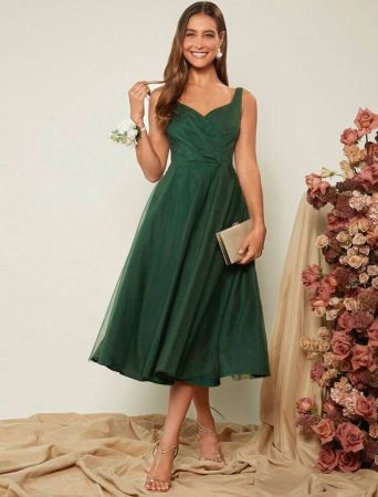 SHEIN Belle فستان زفاف الضيوف الأنيق الشبه رسمي مع طبقة من النسيج الشبكي