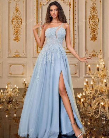 VIPGIRL ثوب سهرة رسمي أنيق ذو رقبة غير متماثلة وشقّ في الفخذ من الشبك، مناسب للتخرج وحفلات العشاء والحفلات الرسمية