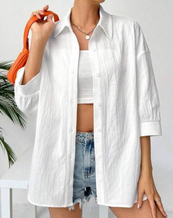 SHEIN EZwear قميص شاطئي للنساء بأزرار وكتف منخفض الاكتاف ولون صلب
