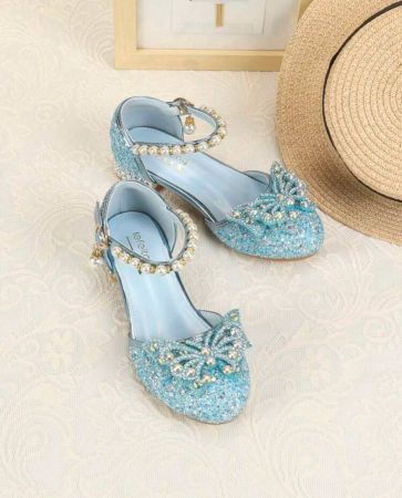 صنادل فتيات عالية الكعب مزينة بزهرة فراشة، حذاء أميرة لؤلؤ وراين،