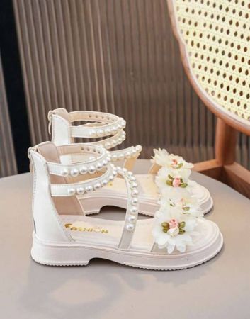 صندل بناتي مسطح مع زهور ولؤلؤ وسحاب ومنصة، مناسب للأطفال الصغار والكبار