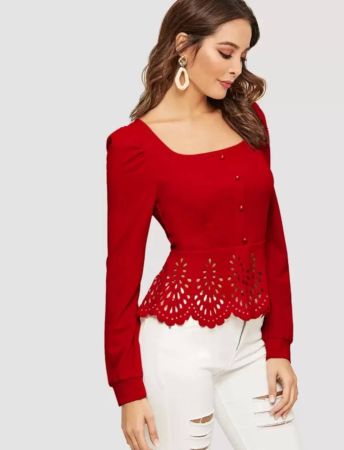 SHEIN Clasi لباس علوي بأكمام منتفخة وبحافة قص ليزر وبأزرار امامية