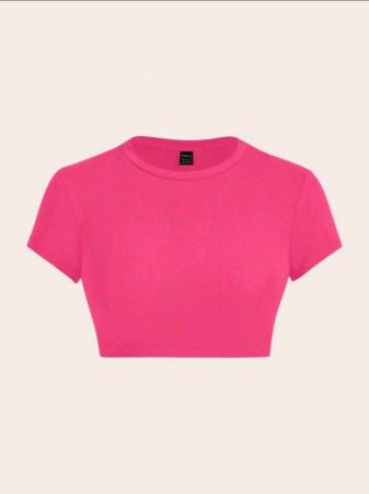 تي شيرت SHEIN ICON كاجوال بسيط بلون سادة برقبة دائرية وأكمام قصيرة ومُصمم خصيصًا للنساء، صيفي