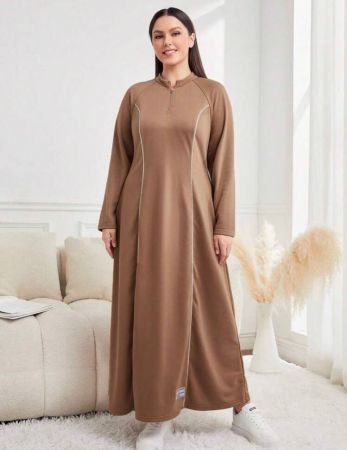 فستان SHEIN Mulvari Plus بياقة دائرية وأكمام راجلان وحواف متباينة