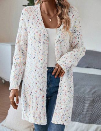 كارديجان شي إن لون محبوك بأكمام منسدلة، كارديجان نسائي فضفاض أبيض سادة بأكمام عادية للربيع/الخريف، ملابس يومية كاجوال، بلوزات بأكمام طويلة