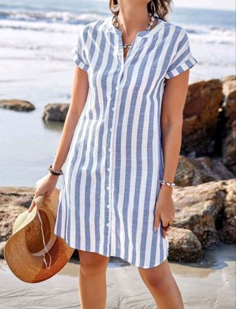 فستان قميص نسائي صيفي كاجوال بأكمام قصيرة ورقبة على شكل حرف V وطول الركبة من إيمري روز، فساتين صيفية للنساء