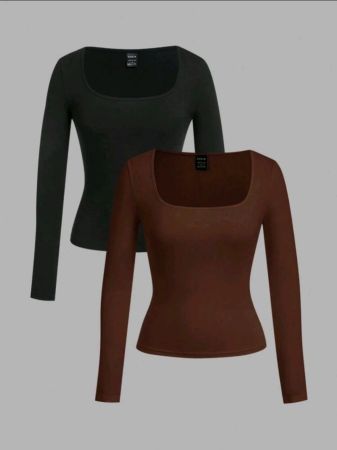 طقم تي شيرت نسائي كاجوال ضيق بأكمام طويلة ورقبة دائرية من SHEIN EZwear، قطعتين، أساسي للربيع والخريف