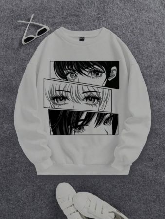 سويت شيرت من SHEIN EZwear برسومات على شكل شخصية وكتف منسدلة