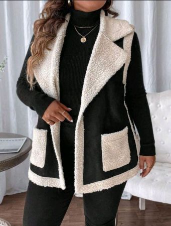 جاكيت نسائي فضفاض بأكمام طويلة وياقة واقفة وجيوب متعددة الألوان من SHEIN PETITE CURVE مقاس كبير، شتوي
