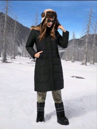 جاكيت نسائي من SHEIN EZwear بغطاء للرأس وجيوب منفوشة بأكمام طويلة ومطرزة بالريش، شتوي