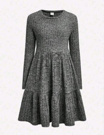 فستان شي إن جيرليزم توين جيرل فاشون كلاسيك ملائم بياقة دائرية وطبقتين وواسع على شكل حرف A وخصر غير رسمي وأكمام طويلة، مناسب لفصل الخريف/الشتاء