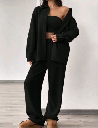 بلوزة وبنطلون كاجوال بأكمام طويلة من SHEIN EZwear للنساء بلون سادة