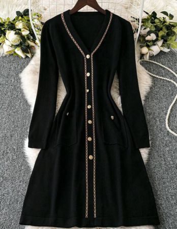 SHEIN Clasi فستان كنزة صوفية مربوط بأكمام طويلة وياقة على شكل حرف (V) من الكشمير المخرم لحجم كبير ، للخريف/الشتاء