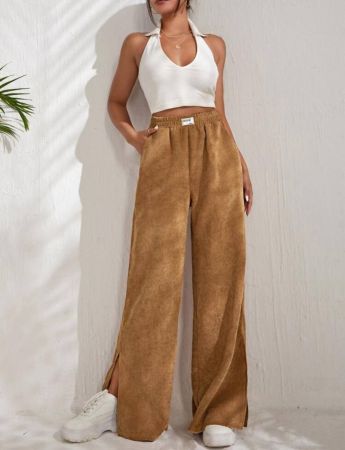 SHEIN EZwear بنطلون مدرز بعبارة بحافة شق نسيج قطن