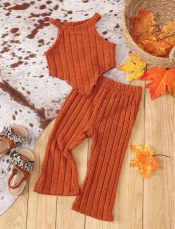 طقم ملابس أطفال من SHEIN Wildeya للفتيات الصغيرات، مكون من بلوزة سميكة محبوكة مضلعة وبنطلون واسع