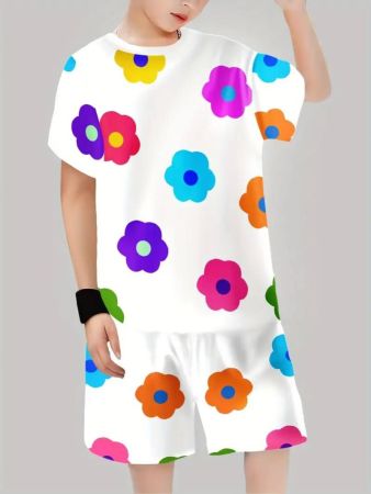 بدلة للأولاد بنقشة زهور ملونة، سويت شيرت قصير الأكمام بطباعة ثلاثية الأبعاد للارتداء اليومي مع شورت، بدلة تيشيرت وشورت للأولاد للاستخدام الخارجي، مثالية للأنشطة الخارجية