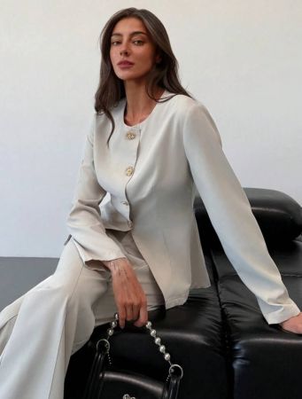 Aloruh طقم للمكتب/التنقلات للنساء، ملابس علوية أكمام طويلة مطابقة للجسم باللون المشمشي + بنطال مستقيم الساق كامل الطول
