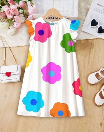 SHEIN فتاة في سن المراهقة ، فستان كاجوال بطبعة أزهار كرتونية بأكمام روفل مناسب لفصل الصيف