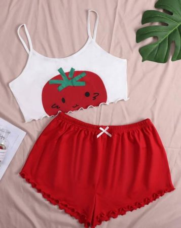 SHEIN Unity طقم بيجامة مقلم بنمط الخس وبجرافيك رسوم كارتون