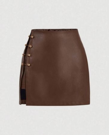 SHEIN MOD تنورة جلد اصطناعي ضيقة بنصف جانبية القصكاجوال بخيوط معدنية ذهبية للمقاسات الكبيرة، تنورة جلدية جذابة بتصميم ضيق للموسم الخريفي