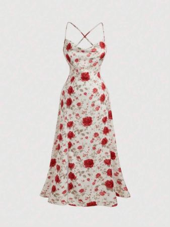 SHEIN MOD فستان مزخرف بطباعة وردة رومانسية عتيقة ذو رقبة ملتفة أنيقة وأربطة متقاطعة للحجم الكبير