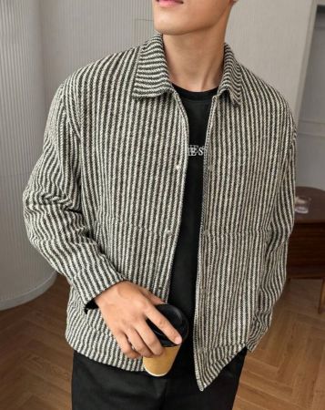 Manfinity Hypemode معطف بأزرار أمامي مخطط كاجوال للرجال، جاكيت طويل الأكمام خفيف الوزن للخريف والعمل، هدية للأصدقاء والزوج والصديق