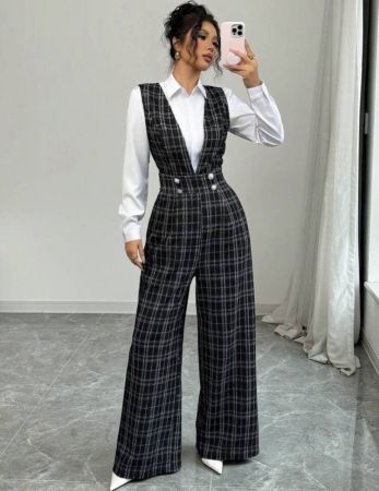 Elenzga جمبسوت نسائية طويلة الساقين ذات جيوب مزينة بأزرار اللؤلؤ