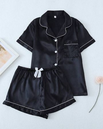 2 مجموعة بيجاما من الساتان، ملابس علوية قصيرة الأكمام ذات ياقة مفصصة وشورت ذو فيونكة، بدلة نوم وملابس منزلية قطعتين