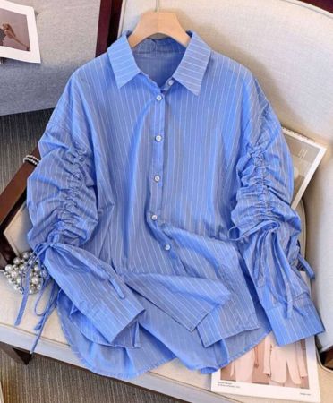 GlowEve قميص نسائي أكمام طويلة مقلم مطبوع أمامي مزود بسحاب لربط الخصر