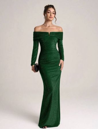 SHEIN Belle فستان سهرة أنيق للنساء، عاري الكتفين، ذيل سمكة، لامع، مناسب للمناسبات الرسمية، موضة الخريف والشتاء، لحفلات العام الجديد، فستان أنيق للطبقة المثقفة والمشهورات، قماش لامع، تصميم خصر، شق مرتفع بالأذيال، أخضر رسمي لحفلات العشاء والسهرات، مناسب لعيد الميلاد، فستان لضيوف الزفاف