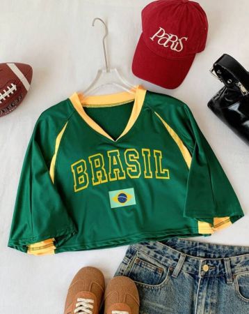 SHEIN Comfortcana ملابس علوية نصف كم النساء الصيفية طبعة حرف بلوك اللون مع رقبة V وأكمام راجلان العادية، لباس عرضي عادي