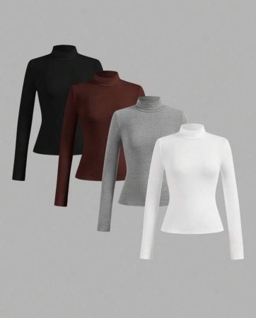SHEIN Essnce 4 قطع / مجموعة من البلوزات الرياضية النسائية الرفيعة سهلة الارتداء مع ياقة عالية، موسم الخريف / الشتاء'