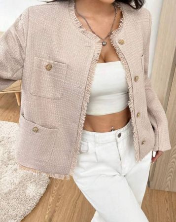 SHEIN EZwear معطف تويد ذو لون أنيق وأطراف مهترئة، خريف