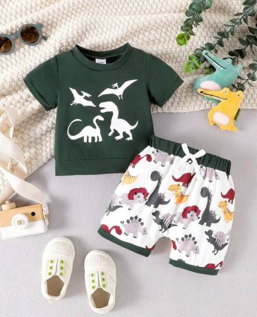 جزئين ملابس خاصة بالأولاد الرُضَّع مريحة وجميلة بطباعة قصيرة الأكمام، للصيف