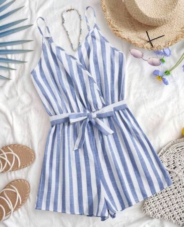 SHEIN رومبير شلحة بحزام بياقة متداخل مخطط بلونين للفتيات المراهقات