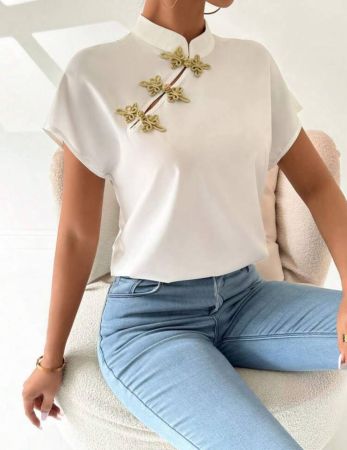 Chiquease قميص نسائي كلاسيكي صيني بأزرار بأكمام قصيرة ومصنوع من الكتان