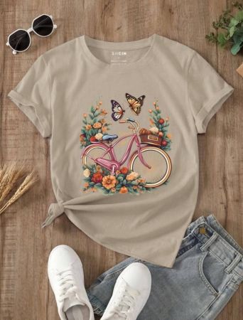 INAWLY تي شيرت مطبوع برسم الزهور والدراجة ، تيشرتات نسائية طباعية