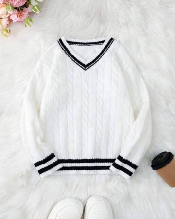 SHEIN Explorewe 1 قطعة جيرسي كاجوال طويل الأكمام للفتيات، لون أحادي مصمم بشكل رقعة المربعات بياقة على شكل حرف V