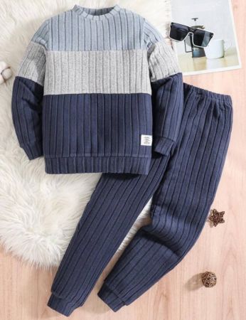 SHEIN بلوفر وبنطلون رياضي ألوان متجانسة تفاصيل مرقع بعبارة ولد طفل