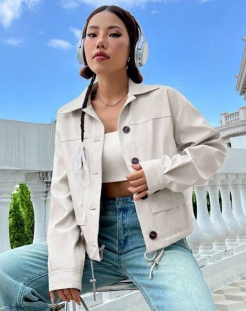 Flirla جاكيت جيب قلاب منخفض الاكتاف حافة رباط جلد صناعي