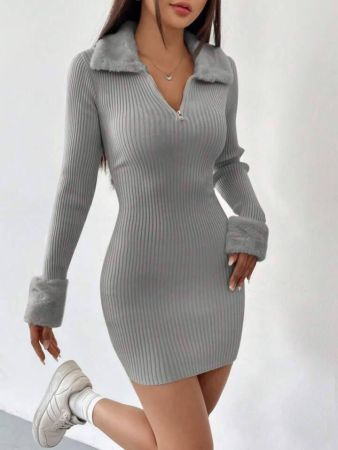 فستان نسائي من SHEIN EZwear خريف/شتاء بأكمام طويلة وياقة من الفرو الصناعي مع أكمام محبوكة