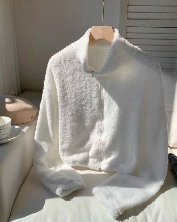 Comfortcana معطف تيدي أبيض بسحاب وأكتاف منخفضة