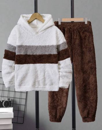 SHEIN طقم شتوي للفتى المراهق يتكون من 2 قطعة: سترة هوديّة صوفية ملونة كاجوال وبنطلون