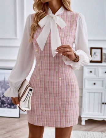 SHEIN Clasi فستان نمط مربع النقش بربطة عنق صف ازرار مزدوجة تويد