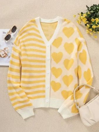 كارديجان نسائي مقاس كبير بتصميم أنيق مخطّط مع نقش جاكار قلب مرتفع - سويتر مفتوح الأمام بلون أصفر متباين، ملابس شتوية عصرية ومريحة للخريف والشتاء