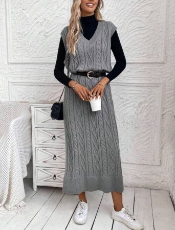 SHEIN LUNE فستان صوف منسوج مضفور بدون حزام قطعة واحدة